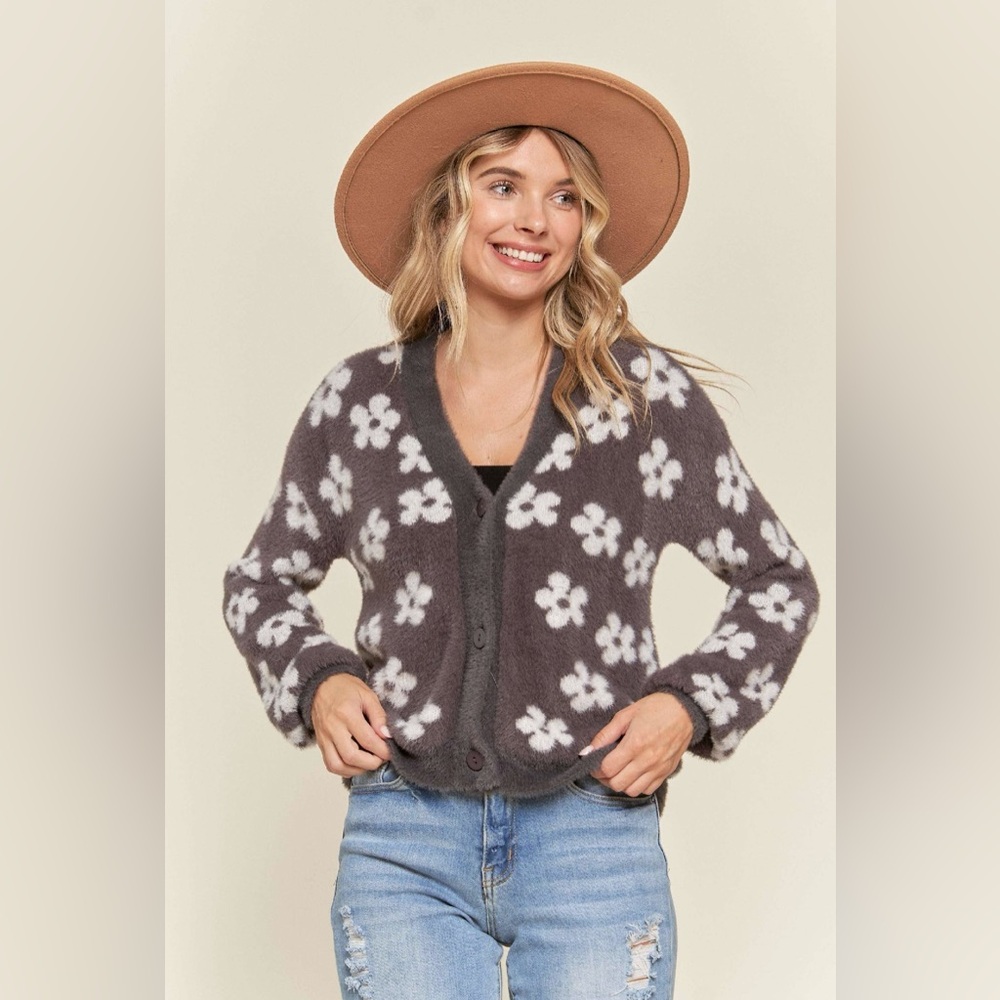 NWT Boutique Mae Charcoal Fuzzy Floral Cropped Cardigan Sweater